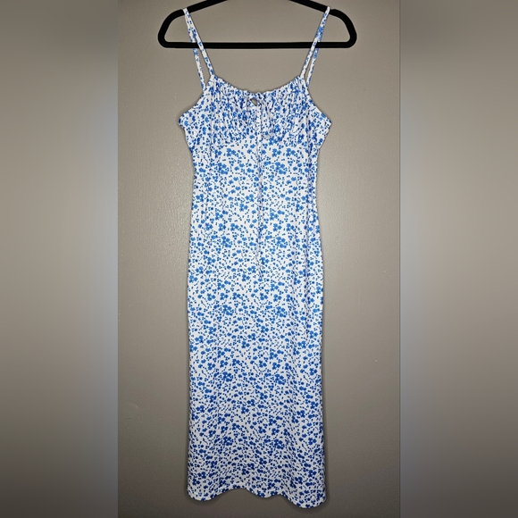 SHEIN Midi White /Blue Floral Drawstring Cami Dress Very Soft High Stretch Small - Picture 3 of 12